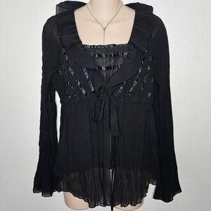 Notations Black Sheer Ruffle Tie Front Blouse Long Sleeve Pleated Top